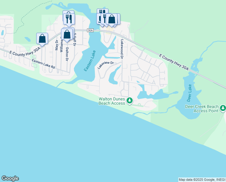 map of restaurants, bars, coffee shops, grocery stores, and more near 132 Chivas Lane in Santa Rosa Beach