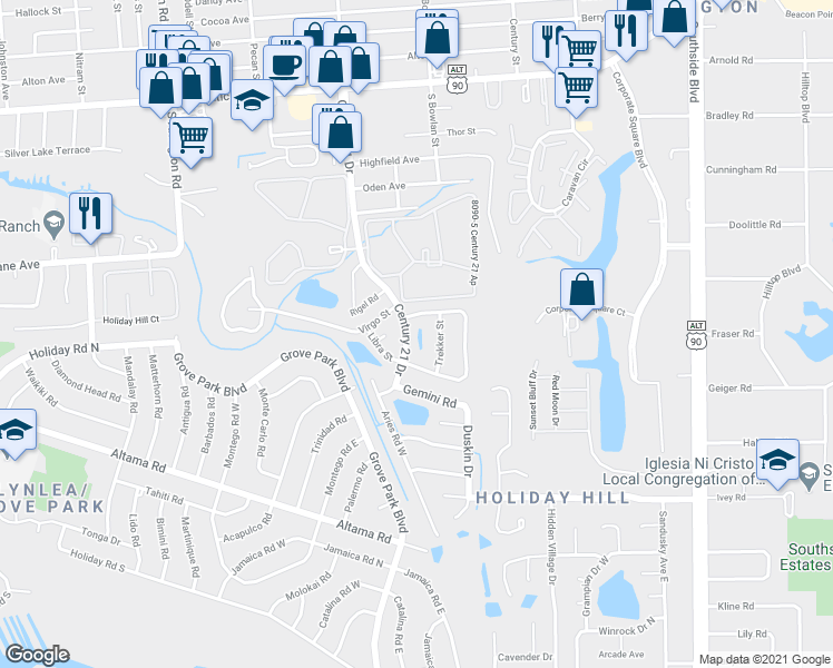 map of restaurants, bars, coffee shops, grocery stores, and more near 713 Century 21 Drive in Jacksonville