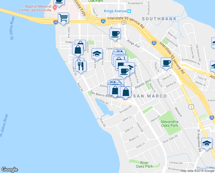 map of restaurants, bars, coffee shops, grocery stores, and more near 1222 Landon Avenue in Jacksonville