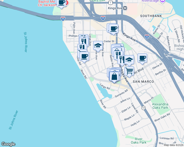 map of restaurants, bars, coffee shops, grocery stores, and more near 1738 Moro Avenue in Jacksonville