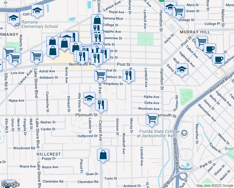 map of restaurants, bars, coffee shops, grocery stores, and more near in Jacksonville