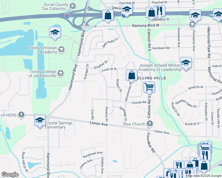 map of restaurants, bars, coffee shops, grocery stores, and more near 8427 Colton Street in Jacksonville