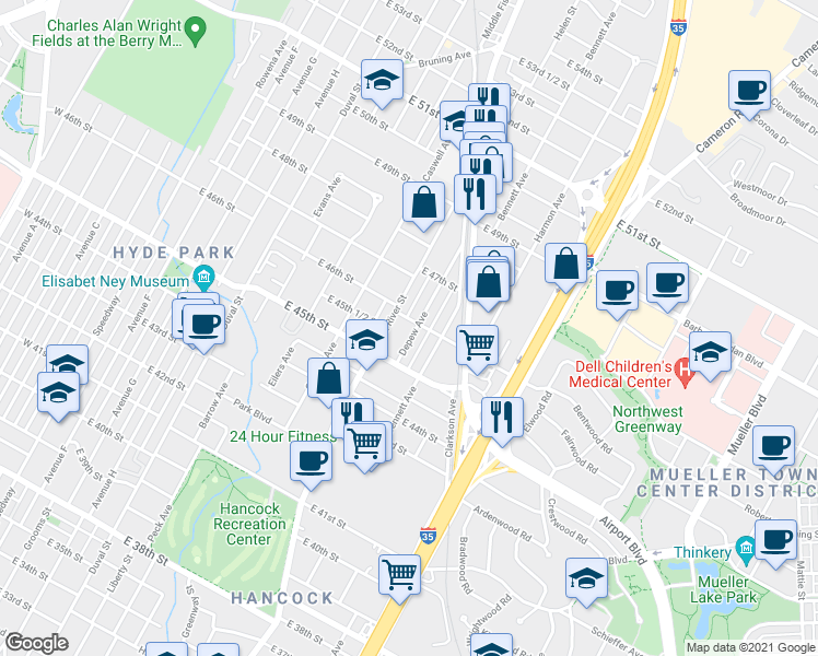 map of restaurants, bars, coffee shops, grocery stores, and more near 4601B Depew Avenue in Austin