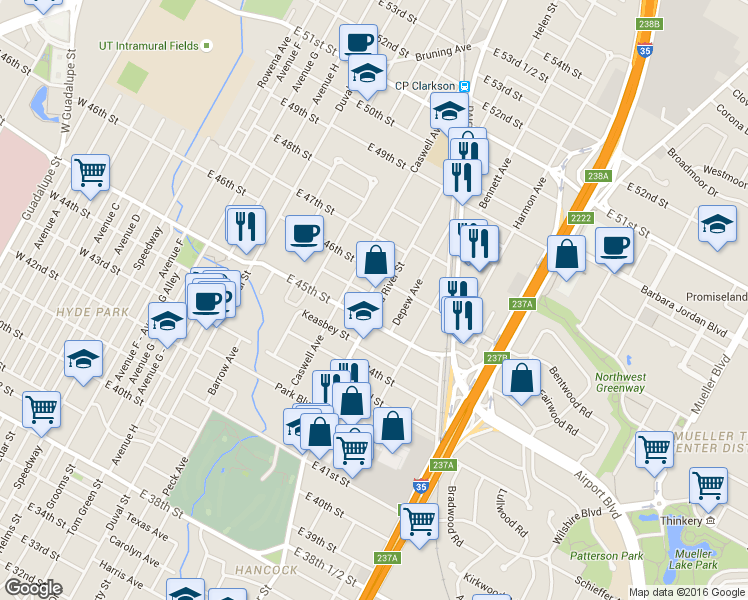 map of restaurants, bars, coffee shops, grocery stores, and more near 4518 Red River Street in Austin