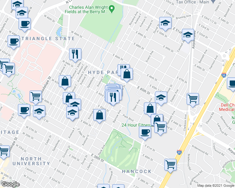 map of restaurants, bars, coffee shops, grocery stores, and more near 4312 Avenue H in Austin