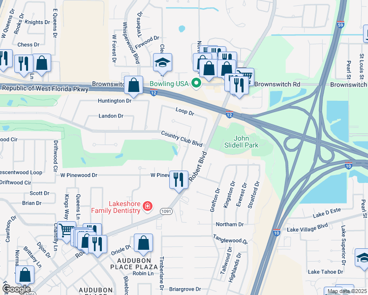 map of restaurants, bars, coffee shops, grocery stores, and more near 205 Country Club Boulevard in Slidell