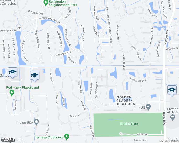 map of restaurants, bars, coffee shops, grocery stores, and more near 2349 Oak Springs Court in Jacksonville