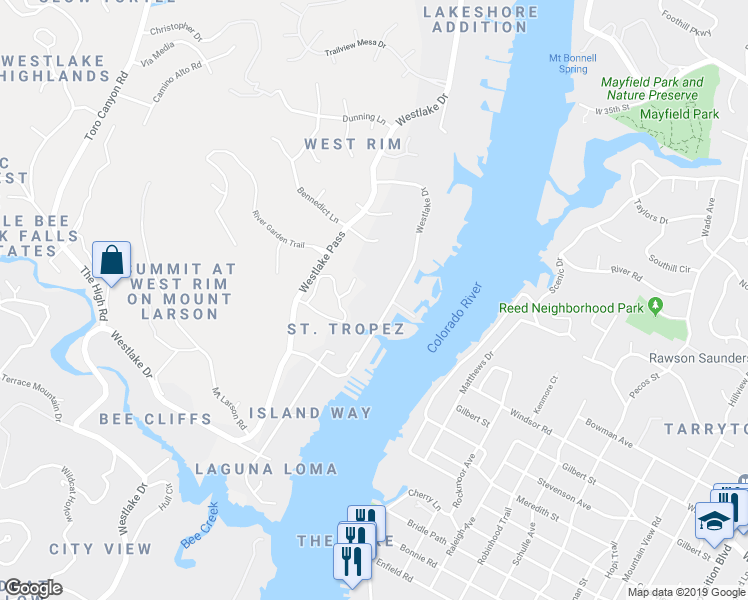 map of restaurants, bars, coffee shops, grocery stores, and more near 2404 Westlake Drive in Austin