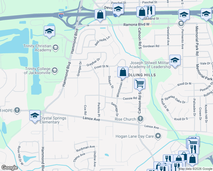 map of restaurants, bars, coffee shops, grocery stores, and more near 8412 Colton Street in Jacksonville