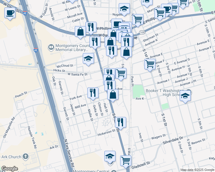 map of restaurants, bars, coffee shops, grocery stores, and more near 129 South Frazier Street in Conroe