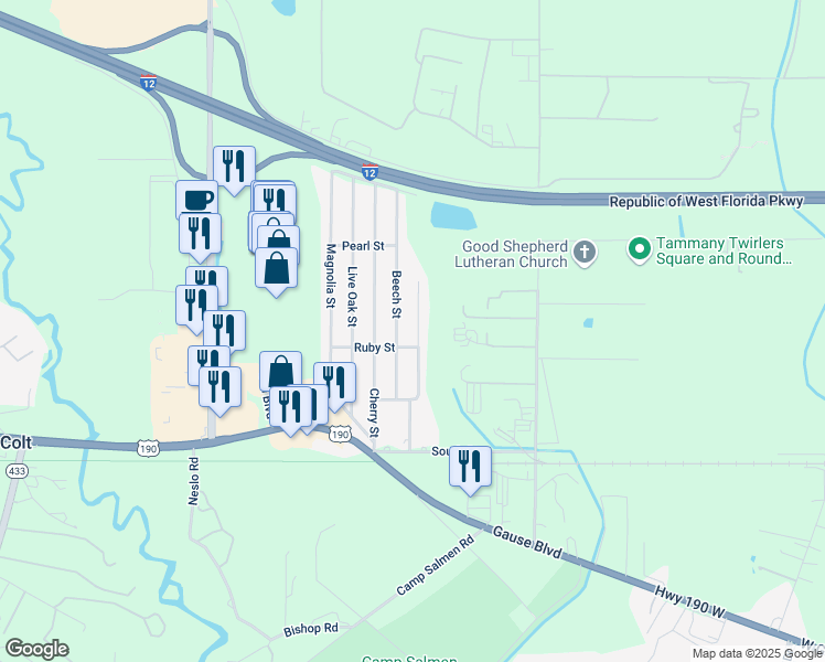 map of restaurants, bars, coffee shops, grocery stores, and more near 1507 Hickory Street in Slidell