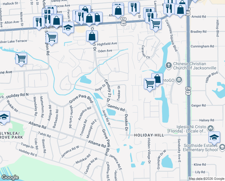 map of restaurants, bars, coffee shops, grocery stores, and more near 713 Century 21 Drive in Jacksonville