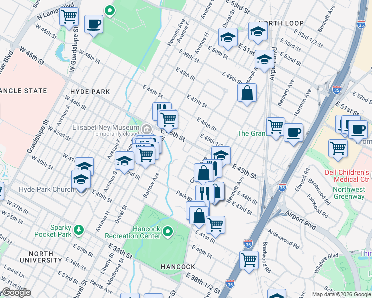 map of restaurants, bars, coffee shops, grocery stores, and more near 605 East 45th Street in Austin
