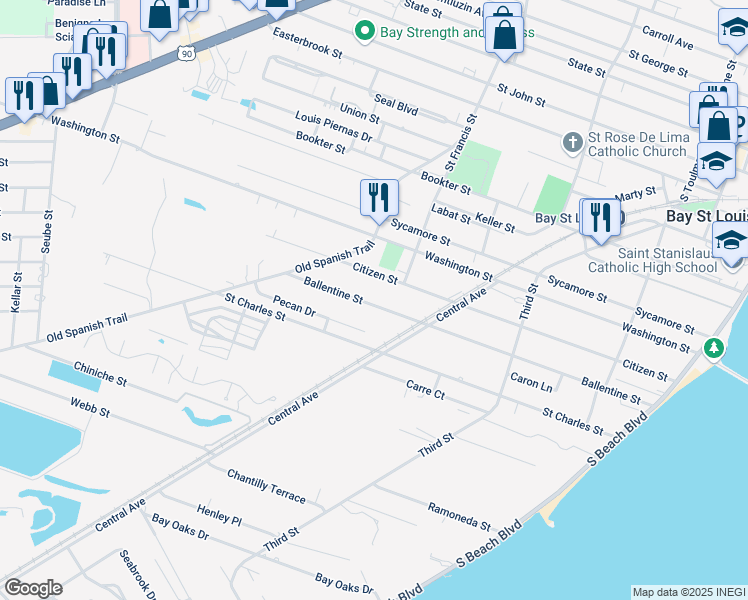 map of restaurants, bars, coffee shops, grocery stores, and more near 413 Ballentine Street in Bay St. Louis