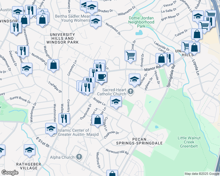 map of restaurants, bars, coffee shops, grocery stores, and more near 2909 Sweeney Lane in Austin