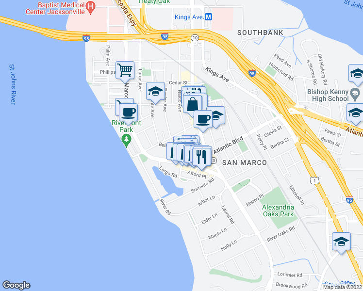 map of restaurants, bars, coffee shops, grocery stores, and more near 1279 Belmont Terrace in Jacksonville