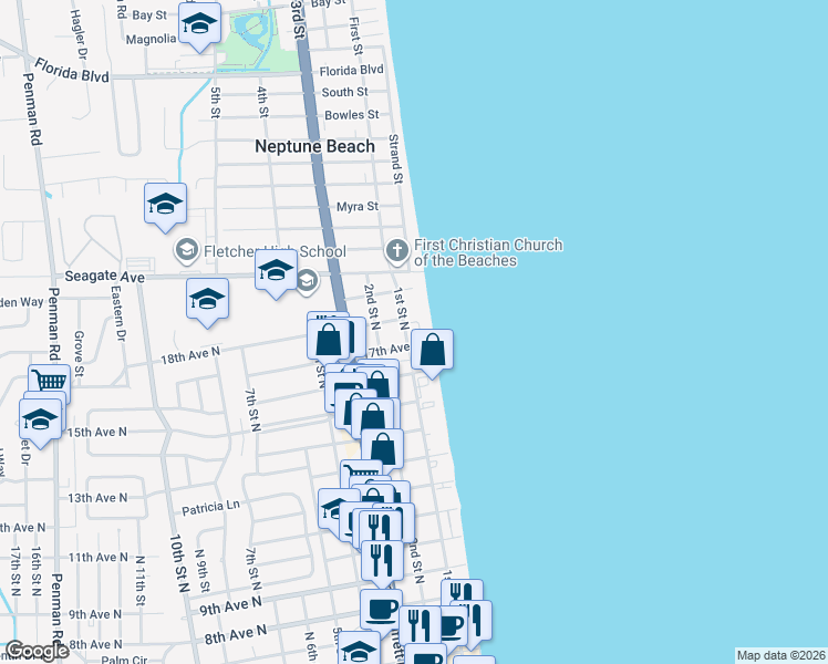 map of restaurants, bars, coffee shops, grocery stores, and more near 102 18th Avenue North in Jacksonville Beach