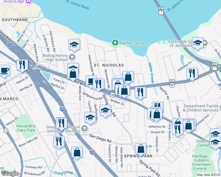 map of restaurants, bars, coffee shops, grocery stores, and more near 1522 San Mateo Avenue in Jacksonville