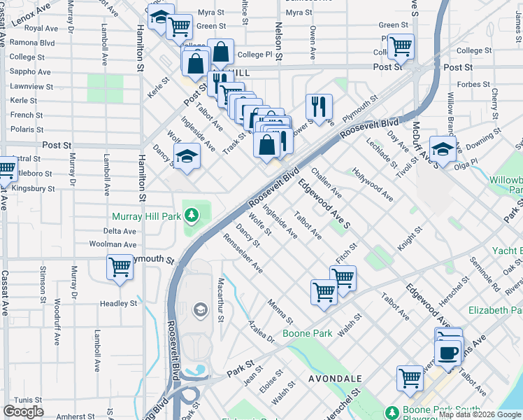 map of restaurants, bars, coffee shops, grocery stores, and more near 1205 Wolfe Street in Jacksonville