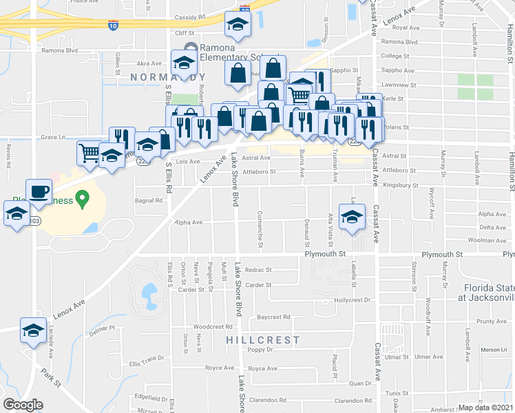 map of restaurants, bars, coffee shops, grocery stores, and more near 1122 Comanche Street in Jacksonville