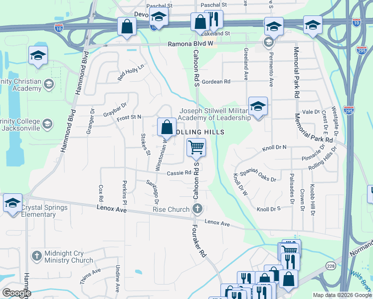 map of restaurants, bars, coffee shops, grocery stores, and more near 1051 Frost Street North in Jacksonville
