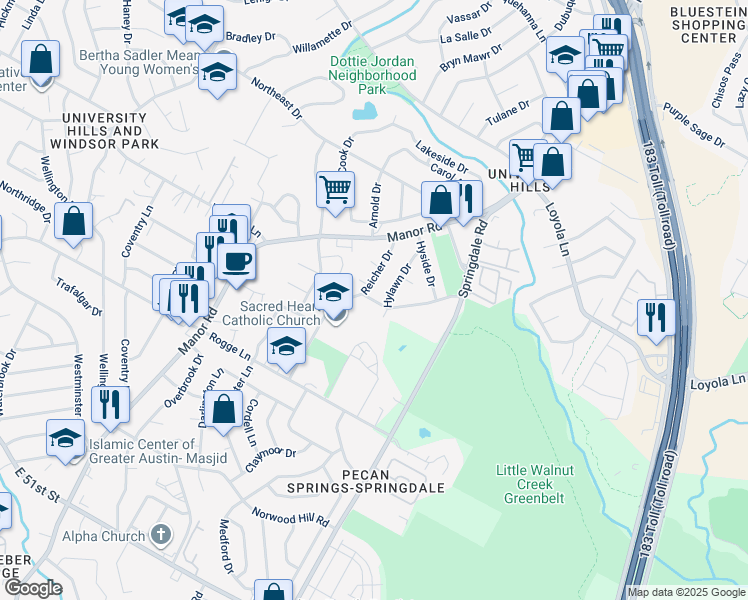 map of restaurants, bars, coffee shops, grocery stores, and more near 6107 Reicher Drive in Austin