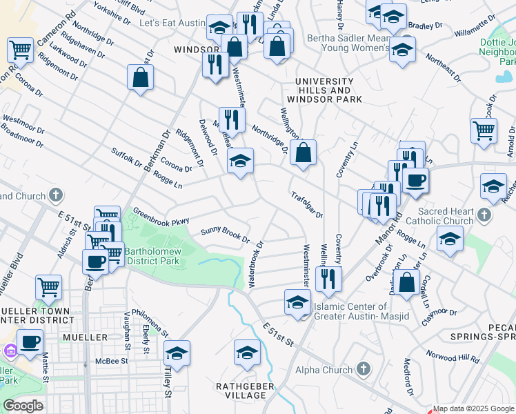 map of restaurants, bars, coffee shops, grocery stores, and more near 5405 Westminster Drive in Austin