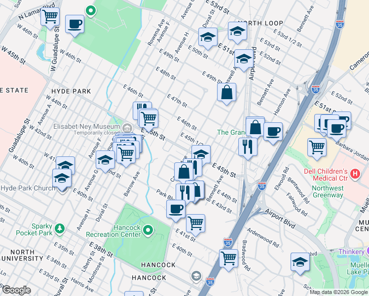 map of restaurants, bars, coffee shops, grocery stores, and more near 700 East 45th Street in Austin