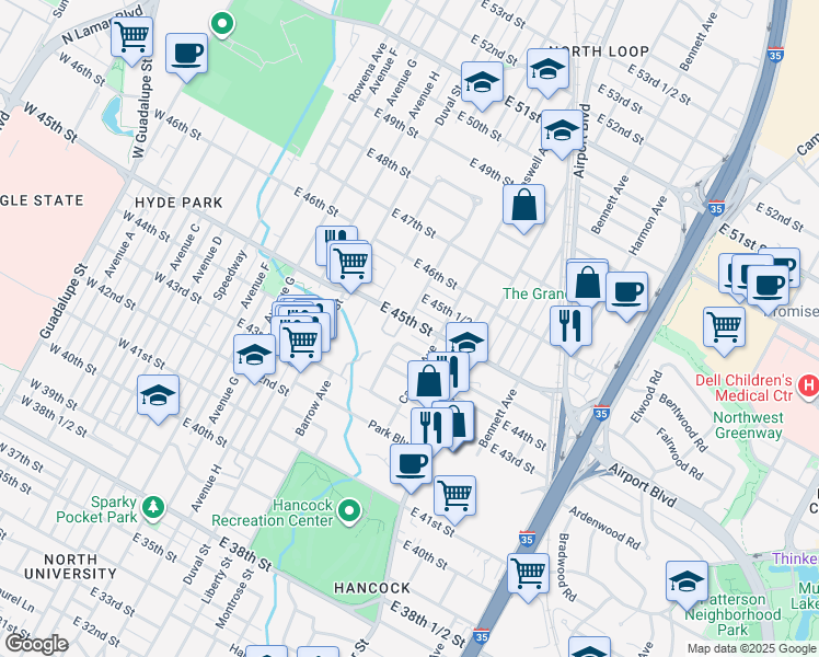 map of restaurants, bars, coffee shops, grocery stores, and more near 700 East 45th Street in Austin