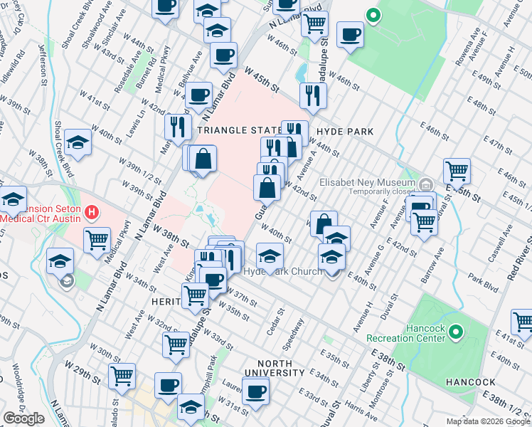 map of restaurants, bars, coffee shops, grocery stores, and more near 511 West 41st Street in Austin