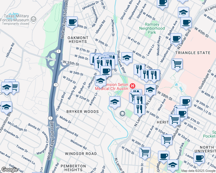 map of restaurants, bars, coffee shops, grocery stores, and more near 1510 West 34th Street in Austin