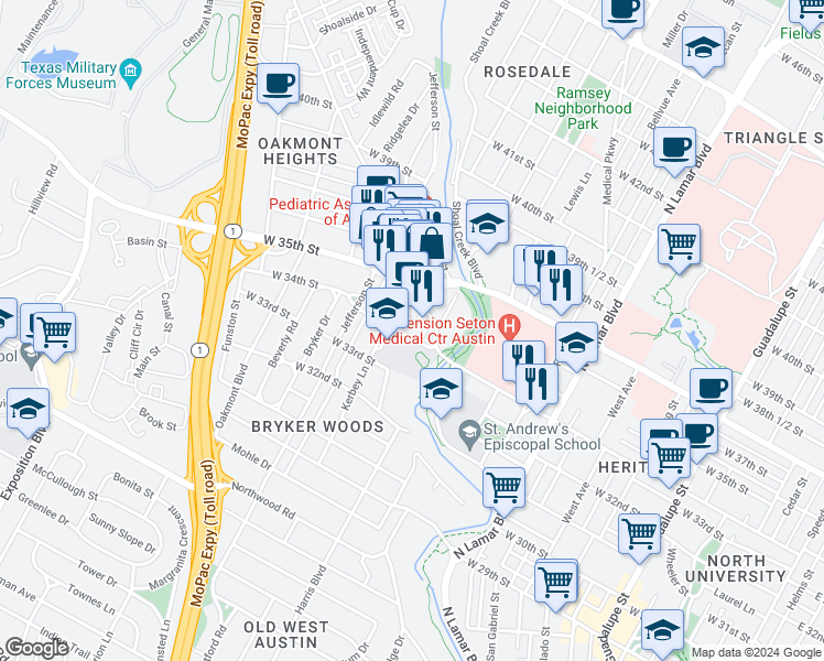 map of restaurants, bars, coffee shops, grocery stores, and more near 1510 West 34th Street in Austin