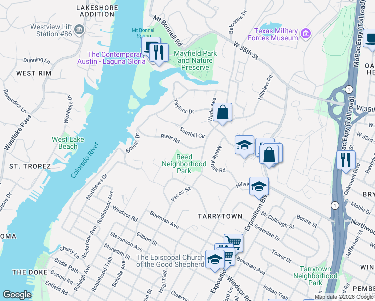 map of restaurants, bars, coffee shops, grocery stores, and more near 3308 River Road in Austin