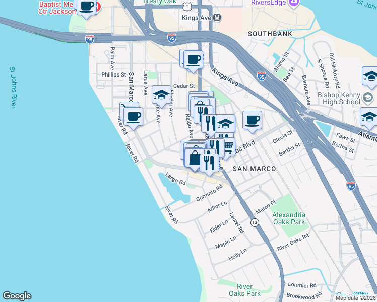 map of restaurants, bars, coffee shops, grocery stores, and more near 1279 Belmont Terrace in Jacksonville