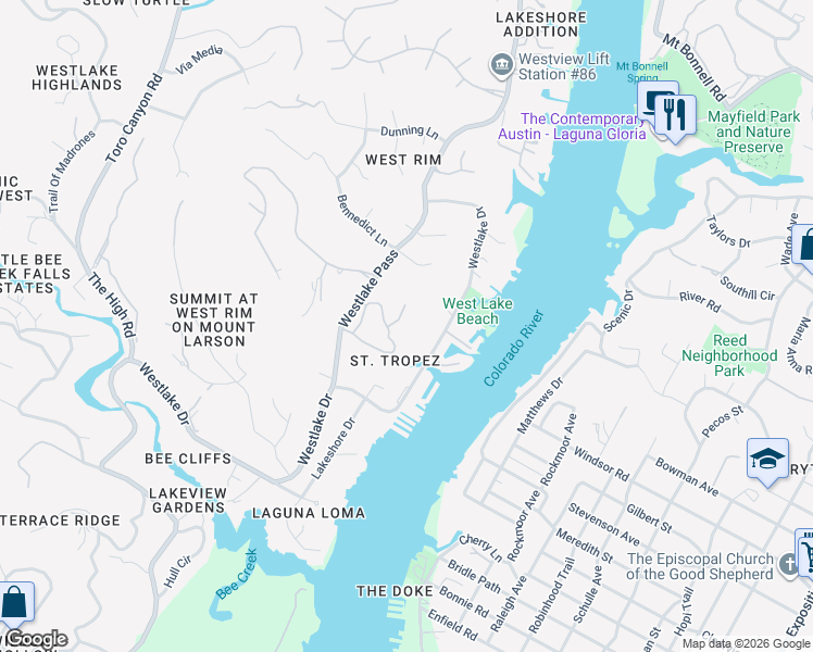 map of restaurants, bars, coffee shops, grocery stores, and more near 2001 Rue De Saint Tropez in Austin