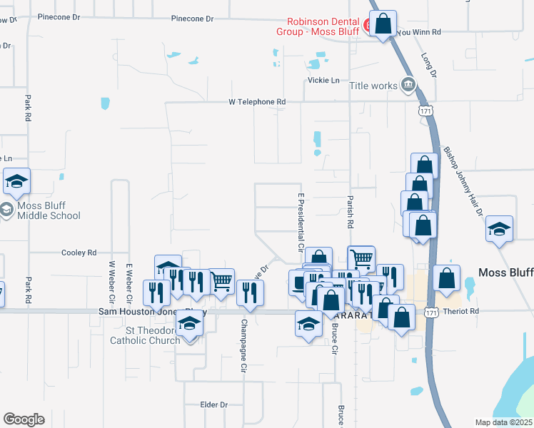 map of restaurants, bars, coffee shops, grocery stores, and more near 315 Senator Ln in Lake Charles