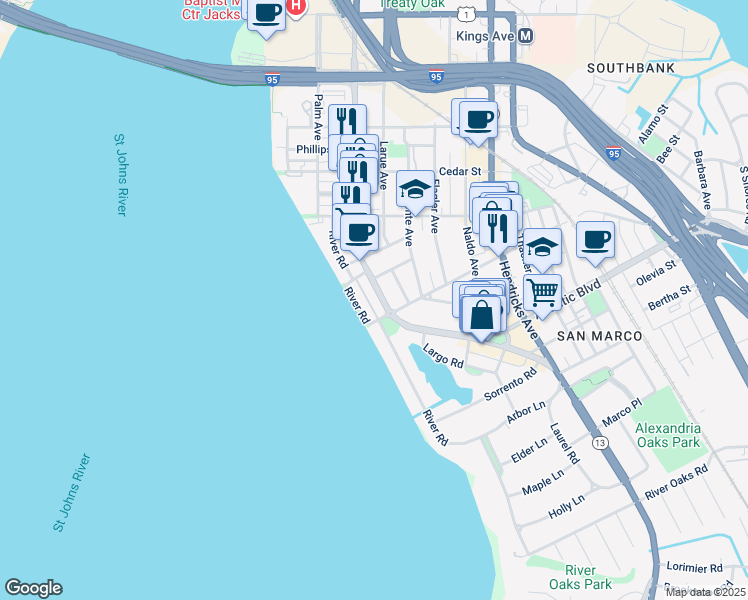 map of restaurants, bars, coffee shops, grocery stores, and more near 1772 San Marco Boulevard in Jacksonville