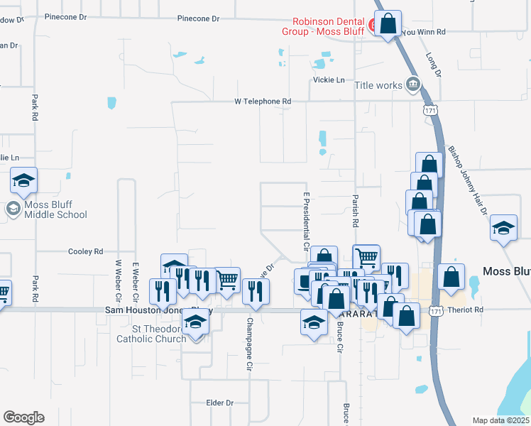 map of restaurants, bars, coffee shops, grocery stores, and more near 315 Senator Lane in Lake Charles