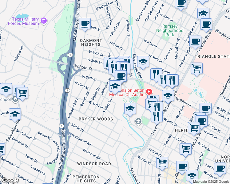 map of restaurants, bars, coffee shops, grocery stores, and more near 3309 Kerbey Lane in Austin