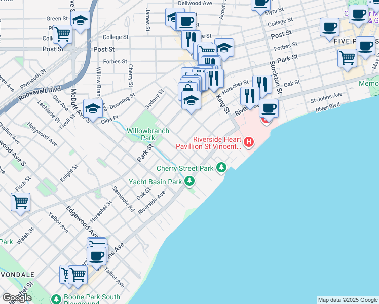map of restaurants, bars, coffee shops, grocery stores, and more near 2841 Riverside Avenue in Jacksonville
