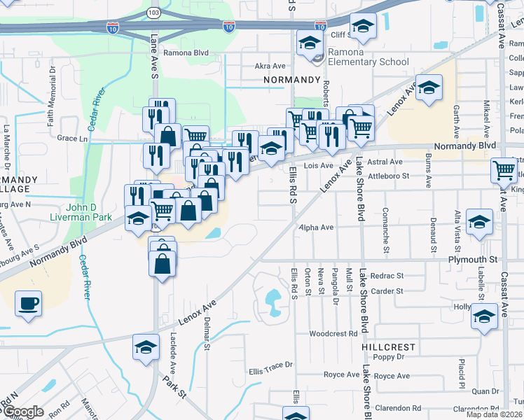 map of restaurants, bars, coffee shops, grocery stores, and more near 1113 Fountain Road in Jacksonville