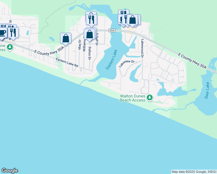 map of restaurants, bars, coffee shops, grocery stores, and more near 107 San Roy Road in Santa Rosa Beach