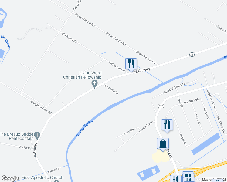 map of restaurants, bars, coffee shops, grocery stores, and more near 1019 Magenta Drive in Breaux Bridge