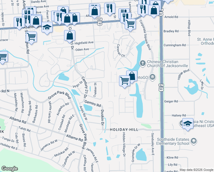 map of restaurants, bars, coffee shops, grocery stores, and more near 510 Narnia Court in Jacksonville