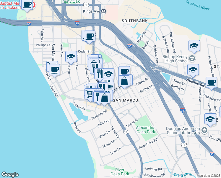 map of restaurants, bars, coffee shops, grocery stores, and more near 1551 Atlantic Boulevard in Jacksonville