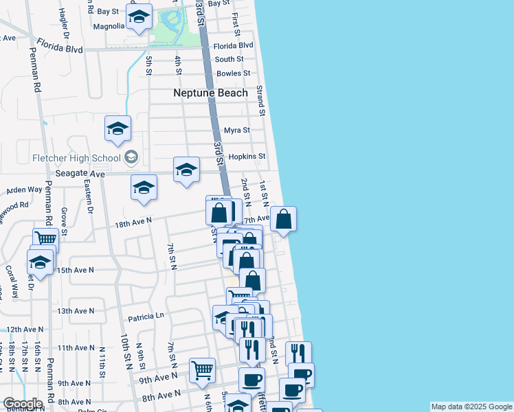 map of restaurants, bars, coffee shops, grocery stores, and more near 102 18th Avenue North in Jacksonville Beach