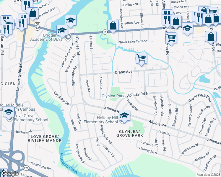 map of restaurants, bars, coffee shops, grocery stores, and more near 446 Tabor Drive West in Jacksonville
