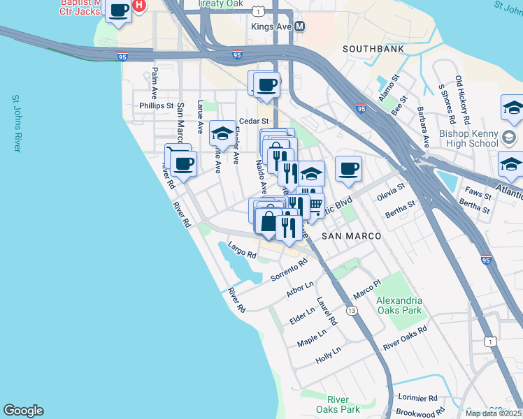 map of restaurants, bars, coffee shops, grocery stores, and more near 1840 Naldo Avenue in Jacksonville