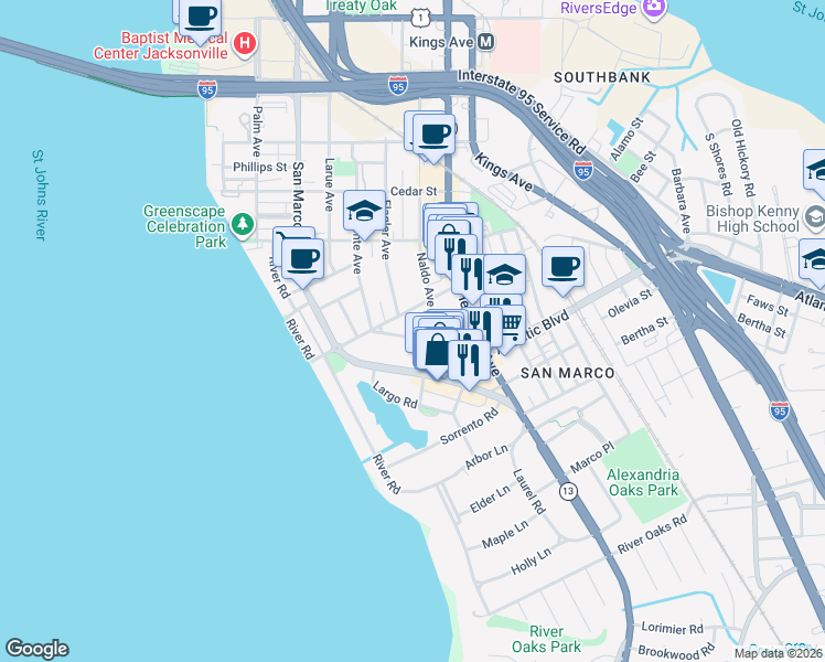 map of restaurants, bars, coffee shops, grocery stores, and more near 1840 Naldo Avenue in Jacksonville