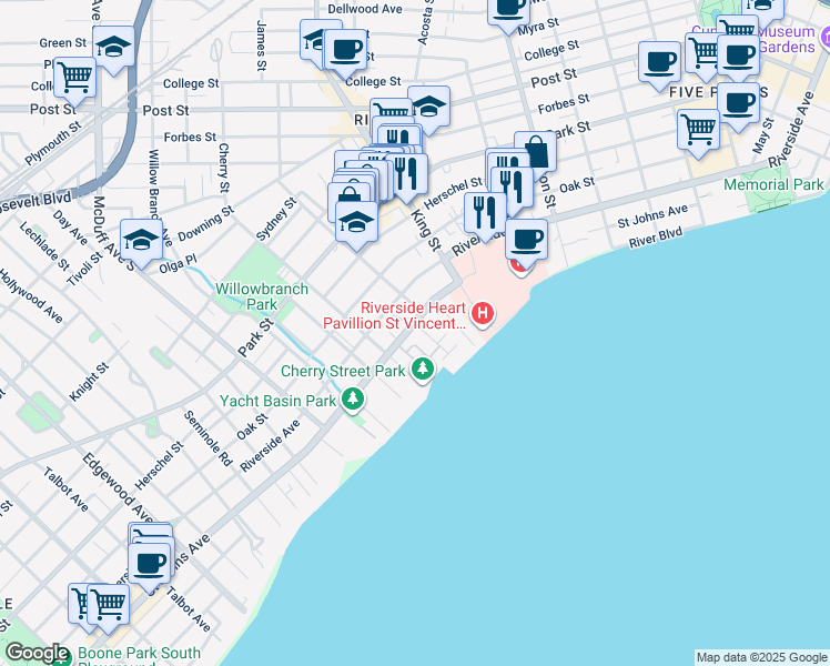 map of restaurants, bars, coffee shops, grocery stores, and more near 1802 Bayard Place in Jacksonville
